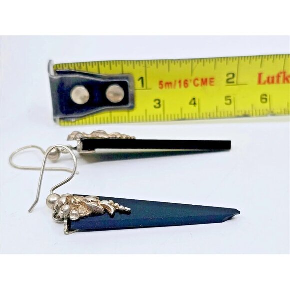 Art Deco Onyx and sterling Hook Earrings 2 inches long - Picture 2 of 9